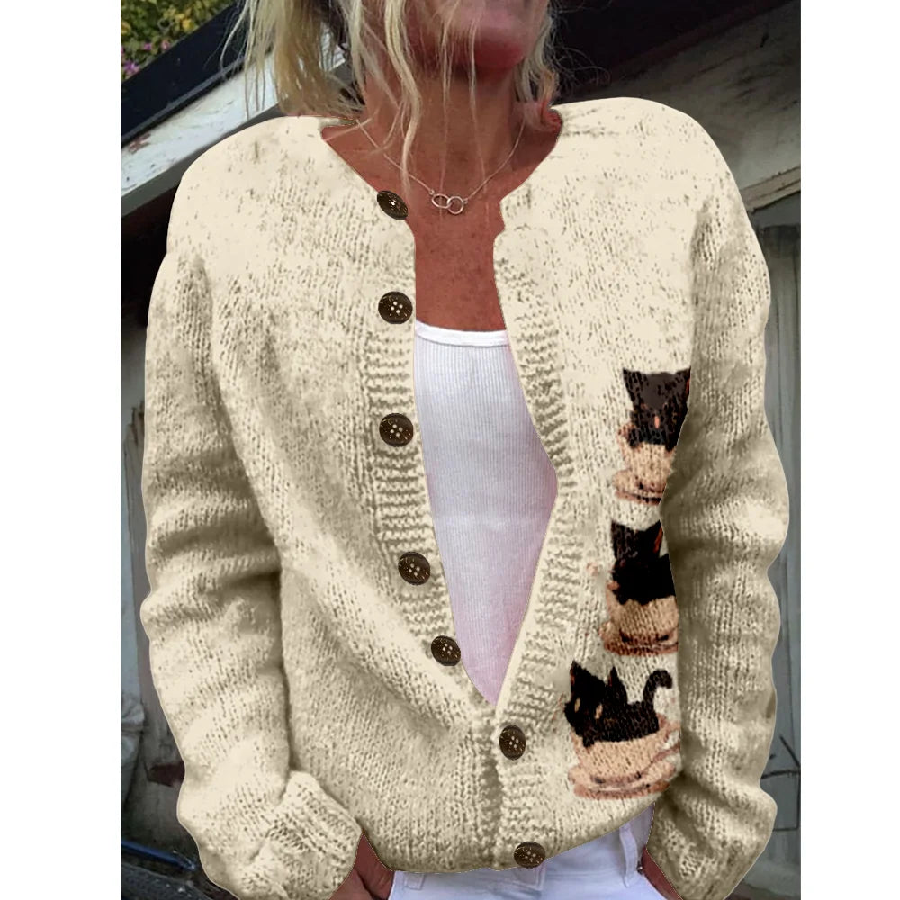 LIZAKOSHT  -  Women's Beige Sweater Long Sleeve Loose Kawaii Black Cat Knitwear Cardigan Female Casual Cozy Soft Coat Daily wear