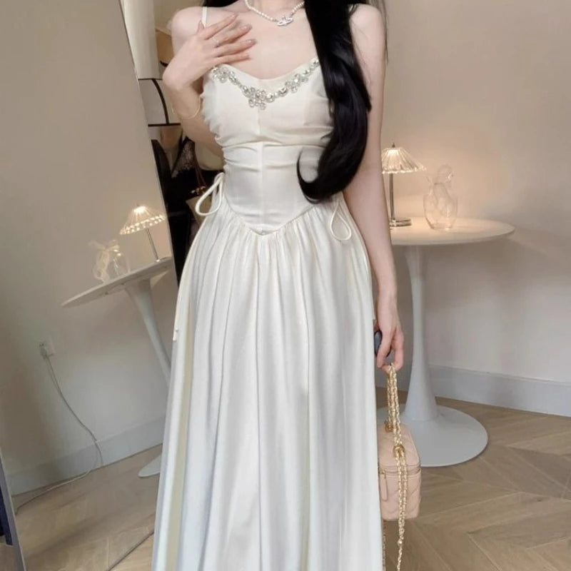 LIZAKOSHT  -  Elegant Evening Party Dresses for Women White Long Sleeveless Bodycone Dress Korean Midi Vintage Sweet Dress Chic