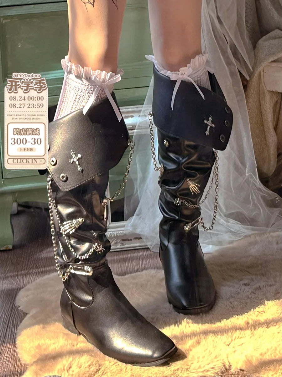 LIZAKOSHT  -  Original Dark Cross Pointed Spicy Girl Boots Lolita American Punk Style Thick Heel Retro Knight Boots