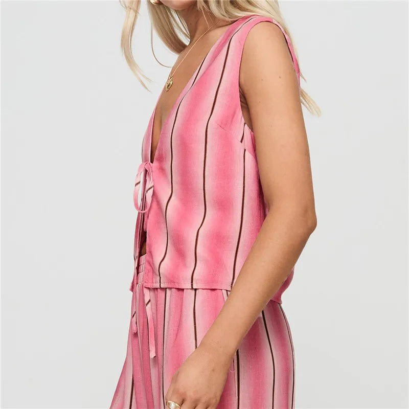 LIZAKOSHT  -  Women Y2k Stripes 2 Piece Pants Matching Set Tie Front V Neck Tank Vest Wide Leg Elastic Waist Trousers Suit Set