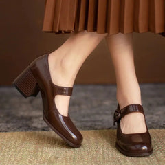 LIZAKOSHT High heels, chocolate colored single shoes, thick heels, college style, new comfortable retro Mary Jane shoes for wo