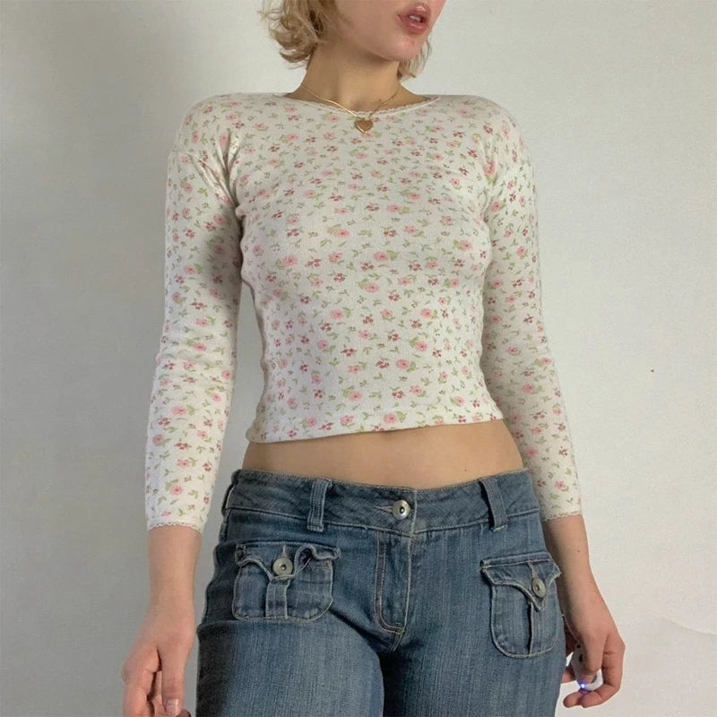 LIZAKOSHT  -  Y2K Aesthetic Lace Trim Kawaii Crop Tops Fairycore Floral Print T-Shirts Spring Long Sleeve Slim Fit Tops Tees 00s Retro Clothes