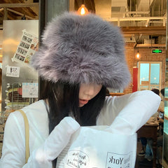 Lizakosht y2k Fluffy Faux Fur Bucket Hat Women Rabbit Fur Warm Thick Plush Winter Hat Lady Luxury Fashion Furry Panama Fisherman Cap