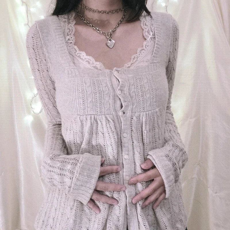 LIZAKOSHT  -  Aesthetic Coquette Knit Sweaters Outfit Vintage Babydoll Tops Pullovers Lady Autumn Square Neck Long Sleeve Knitwear Jumpers Y2k