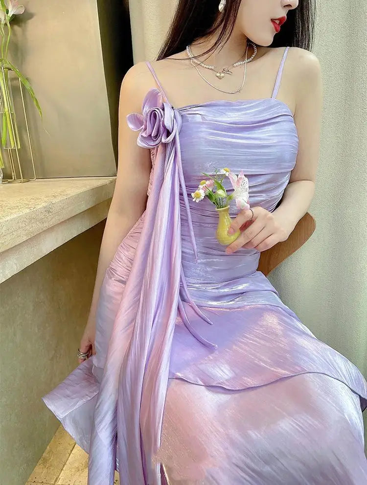 LIZAKOSHT -  Elegant Mauve Prom Party Gowns Retro Waist Strap Three-dimensional Flowers Irregular Ruffle Stitching Evening Dress