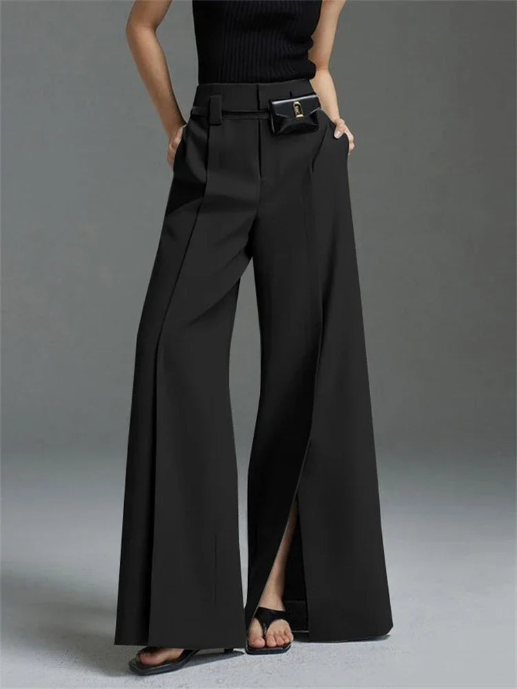 LIZAKOSHT  -  Women Formal Suit Straight-leg Pants 2024 New Fashion Solid Color Split-Front High-Waisted Pleated Casual Trousers