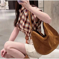 LIZAKOSHT  -  Women's Brown Suede Shoulder Bag Large Capacity Ladies Shopping Armpit bag Autumn Simple Tote Bag Luxury Leather Biker Bag