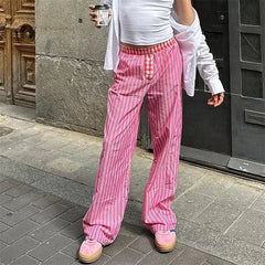 LIZAKOSHT  -  y2k Pants Women Chic Fashion Striped Contrast Color Elastic Waist Wide Leg Loose Trousers 2000s Sweatpants Streetwear