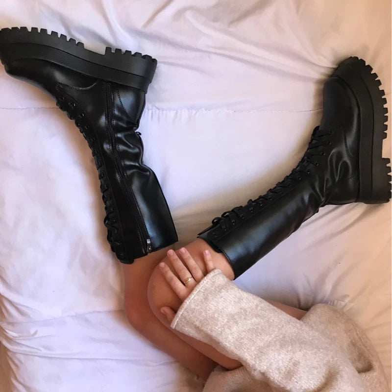 Rimocy 2023 New Fashion Chunky Platform Boots Women Autumn Winter PU Leather Knee High Boots Woman Punk Thick Bottom Long Botas