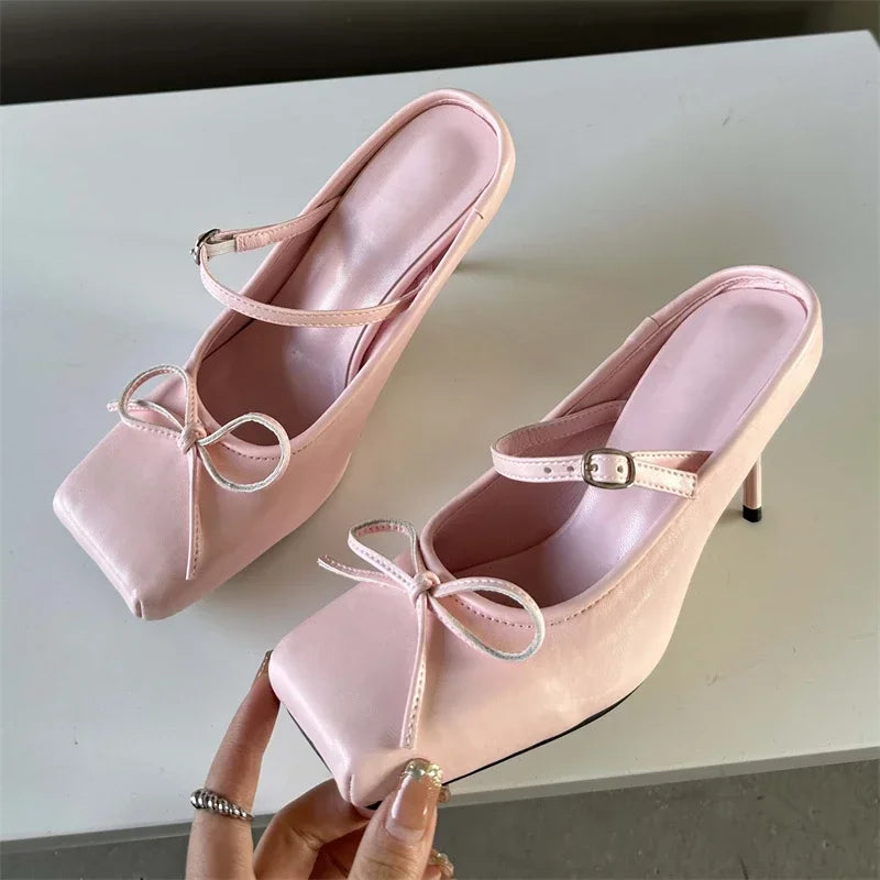 LIZAKOSHT  -  New Design Square Toe Mule Pumps Women Bow Heeled Ballet Shoes Buckle Strap Sexy Party Dress Shoes Thin High Heels Slipper Women