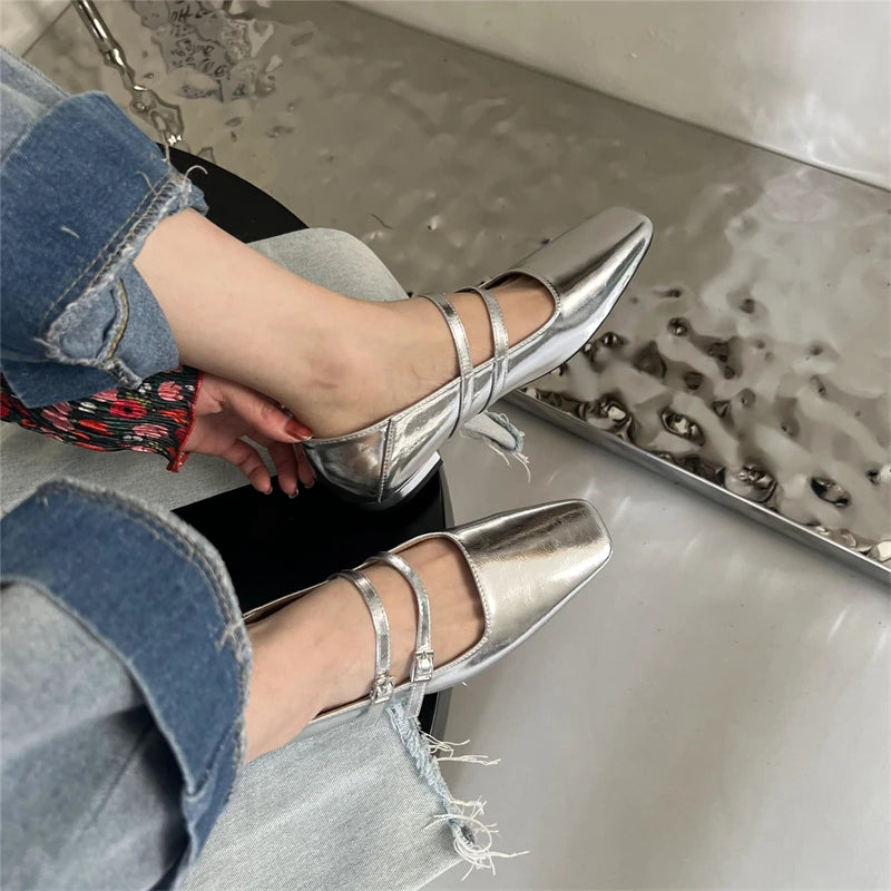 LIZAKOSHT Spring New Women Red Flat Shoes Fashion Square Toe Shallow Ladies Mary Jane Ballerinas Flat Heel Casual Ballet Shoes