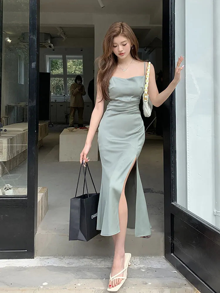 LIZAKOSHT  -  Summer Evening Party Dress Sexy Sleeveless Strap Swinging Collar Split Solid Dress Beach Style Women One Piece Dress Korea