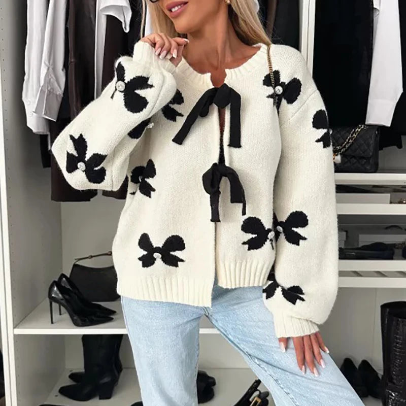 LIZAKOSHT  -  Lady Elegant Long Sleeve Commuter Sweater New Winter Fashion Butterfly Knot Printed Sweater Casual O Neck Lace Up Loose Cardigan