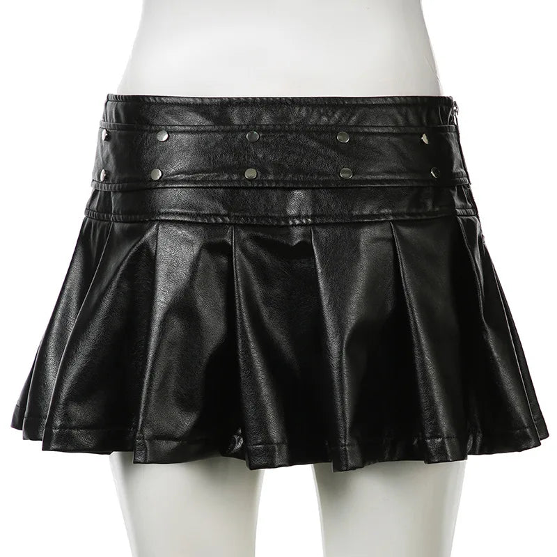 LIZAKOSHT  -  Y2K Rivet PU Leather Mini Skirt Hot Girl Pleated Skirt Punk Zipper Low Waist Black Party Club Skirt Female Autumn Fashion