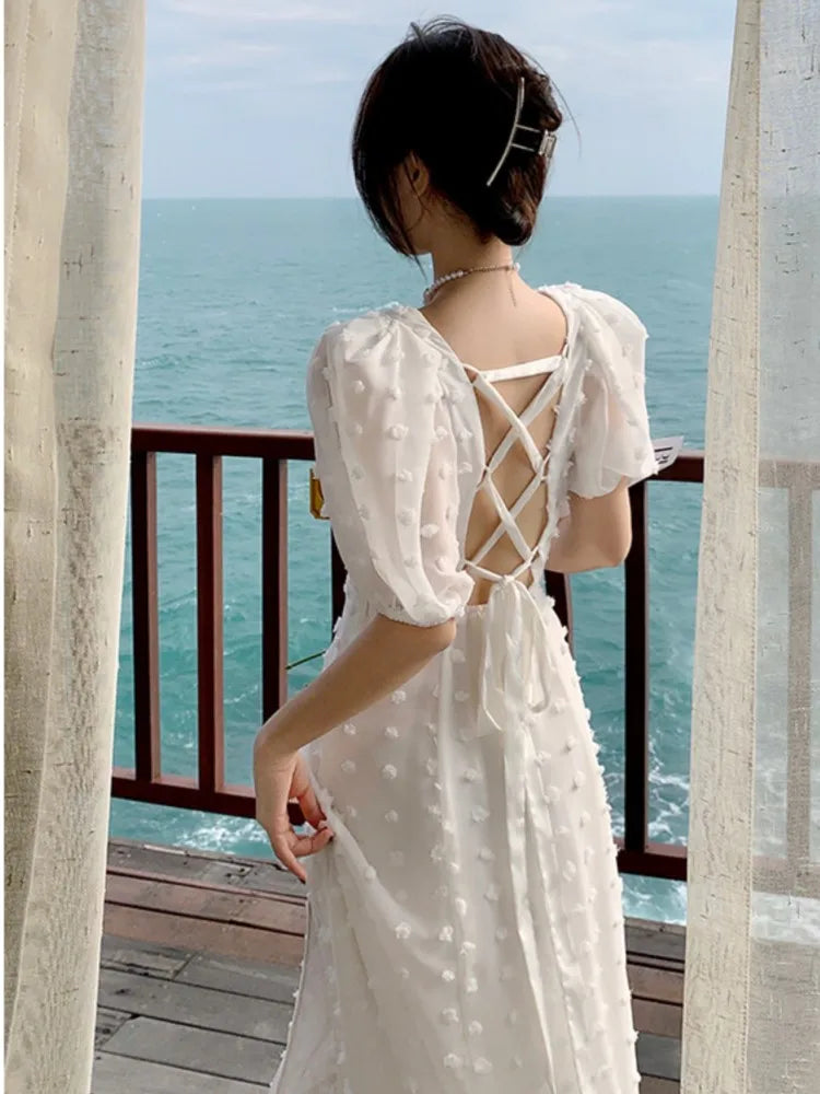 LIZAKOSHT  -  Women Summer White Backless Square Collar Dress Female Puff Sleeve Split Beach Dress Vestidos Simple Party Dress