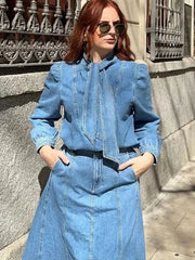 LIZAKOSHT Fashion Denim 2 Piece Sets For Women Stand Collar Long Sleeve Shirt With A-line Midi Skirt Outfits 2024 Spring Simple Casual Set