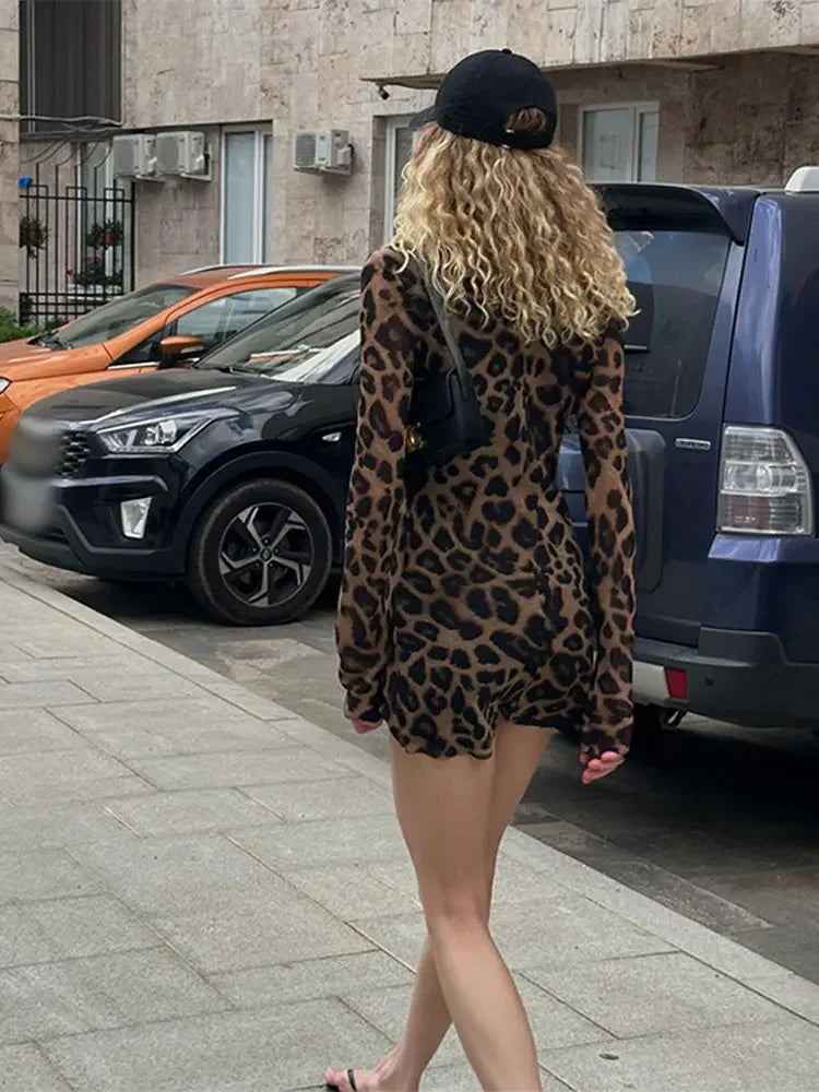 LIZAKOSHT  -  Chic Sexy Leopard Print Mini Dress For Women Simple Round Neck Long Sleeves Slim Vestidos 2024 Female Fashion High Streetwear