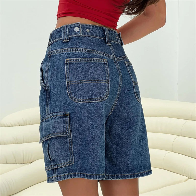 LIZAKOSHT  -  Denim Shorts y2k Clothes Women Summer Solid Color Zipper High Waist Loose Jeans Hot Pants Vacation Beach Streetwear