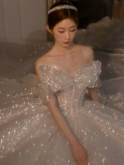 French Style Off Shoulder Sequin Wedding Dresses Women Bow Shiny Blingblng Luxury Wedding Dress Exquisite Elegant Gown