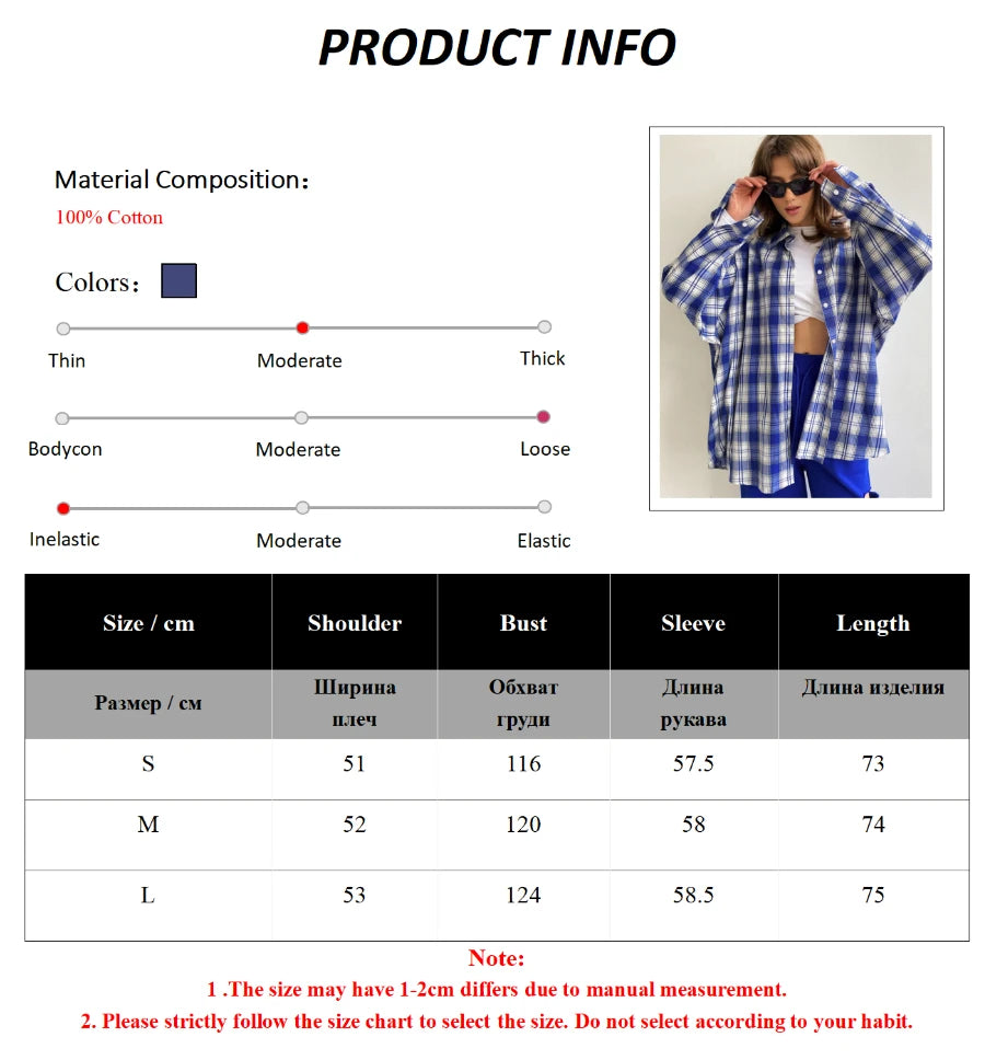 LIZAKOSHT  -  Bornladies 100% Cotton Women's Plaid Shirt Retro Fashion Long Sleeve Loose Top Summer Office Lady Casual Chic Cardigan Shirt