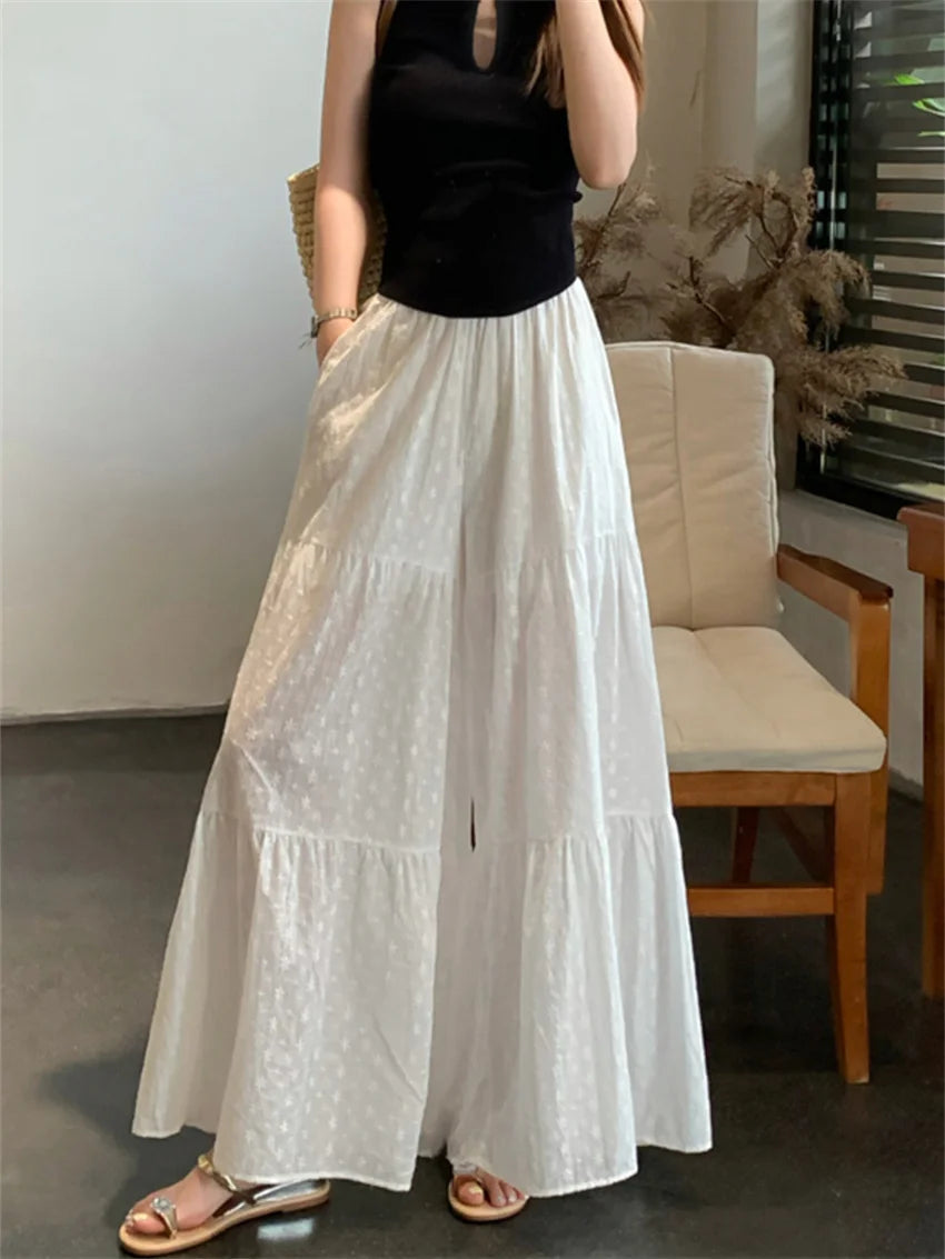 LIZAKOSHT  -  Wide-Legged Maxi Skirts Sweet Women Loose OL High Street Casual Daily Summer Work Wear Embroidery Flowers