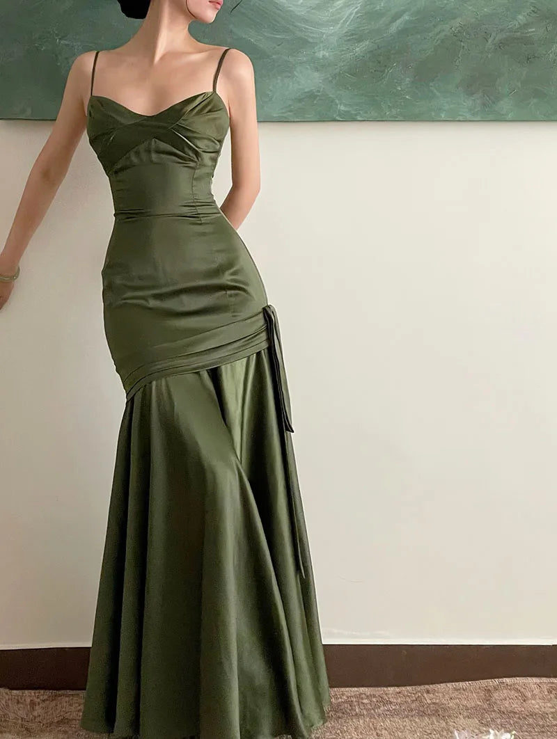 LIZAKOSHT -  Elegant Emerald Green Irregular Patchwork Evening Party Dress High Waist Spaghetti Strap Pleated Hem Prom Gown For Women