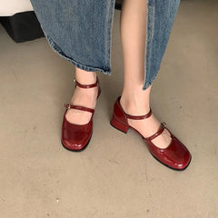 Lizakosht New Mary Jane Shoes Buckle Pumps Women Thick Heels Elegant Shallow Square Toe Footwear Party Office Lady Leather Shoes