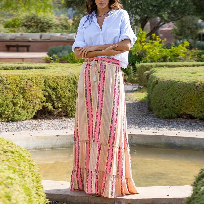 LIZAKOSHT  -  Casual High Street Drawstring 2024 Long Skirt Summer New Vintage Striped Print Pleated Skirt Bohemian Loose Beach Women Skirts