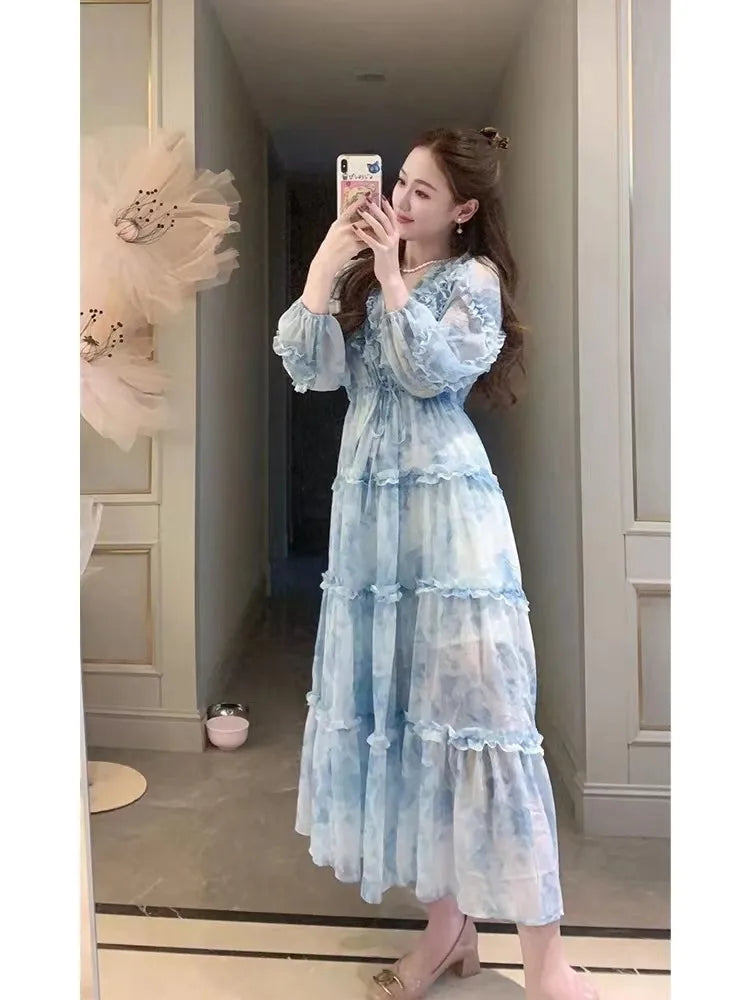 LIZAKOSHT  -  Long Sleeve Strenchy Wasit Ruffled Long Dress  vestidos cortos de fiesta Wedding Dresses Prom Dress Chiffon Party Dress vestido