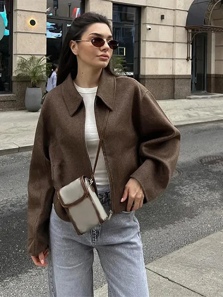 LIZAKOSHT  -  2025 Fashion Brown Zipper Woolen Jacket Women Elegant Lapel Long Sleeve Short Coats Female Vintage Autumn Lady Street Outerwear