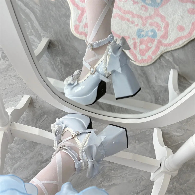 LIZAKOSHT  -  Lolita Lace Heart Knot Round Toe Shallow Mouth High Heels Cos Loli Elegant Student Shoes Japanese Girl Sweet Single Shoes