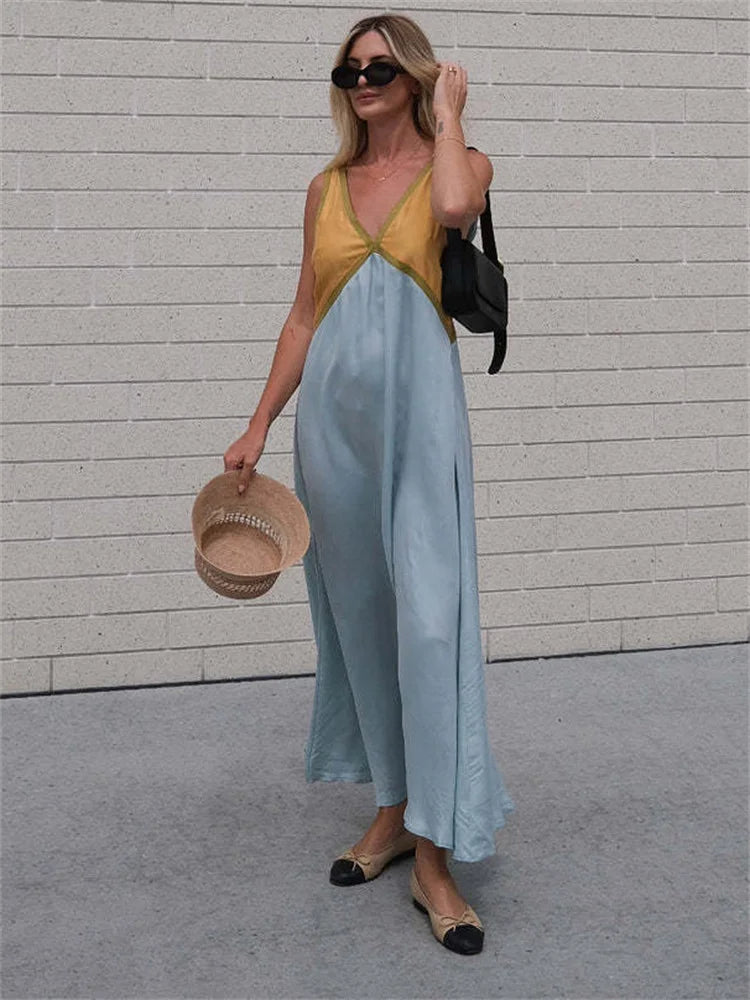 LIZAKOSHT Patchwork V-Neck Strapless Maxi Dress Female Sleeveless Spring Slim Elegant Fashion Party Dress For Women Long Dress 2024