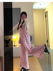 LIZAKOSHT  -  Braces Trousers Dopamine Pink Floral Fashion Women'S 2024 New Oversize Wide-Leg Casual Floor Mopping Pants Summer