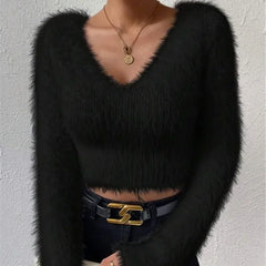 LIZAKOSHT  -  Autumn and Winter New Solid Color V-neck Slim Fit Versatile Plush Short Women's Sweater