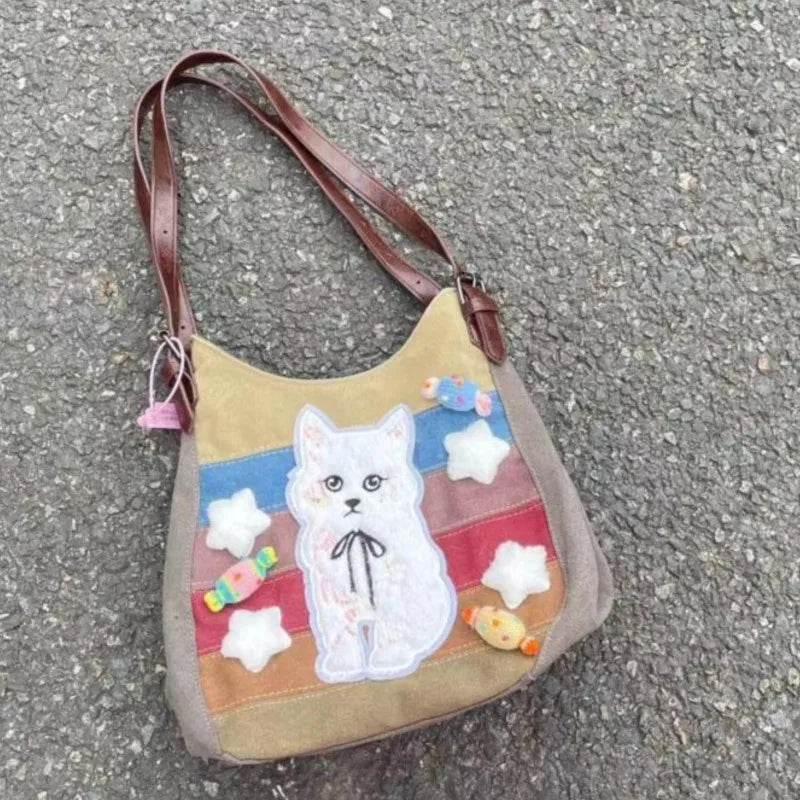 LIZAKOSHT  -  Harajuku Cat Shoulder Bags Women Vintage Embroidery Patchwork Casual Tote Bag Handbag Female Sweet Y2k Bags Aesthetic