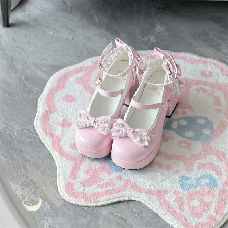 LIZAKOSHT  -  Lolita Lace Heart Knot Round Toe Shallow Mouth High Heels Cos Loli Elegant Student Shoes Japanese Girl Sweet Single Shoes