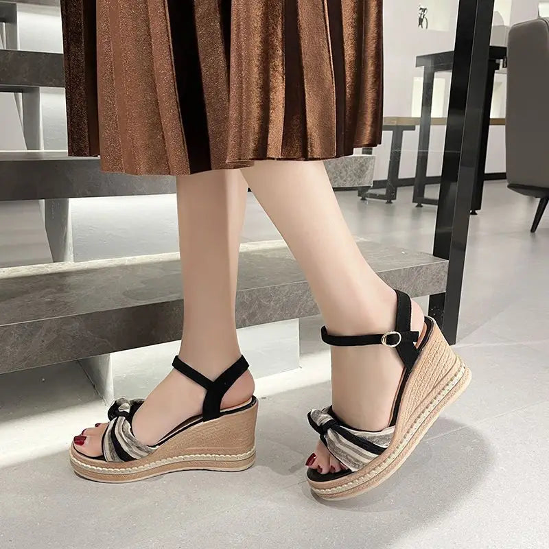 LIZAKOSHT -  Summer One Word Sandals for Women Wedge with Platform Waterproof Footwear Wedges Heel Ladies Shoes Black Super-high F Vip H