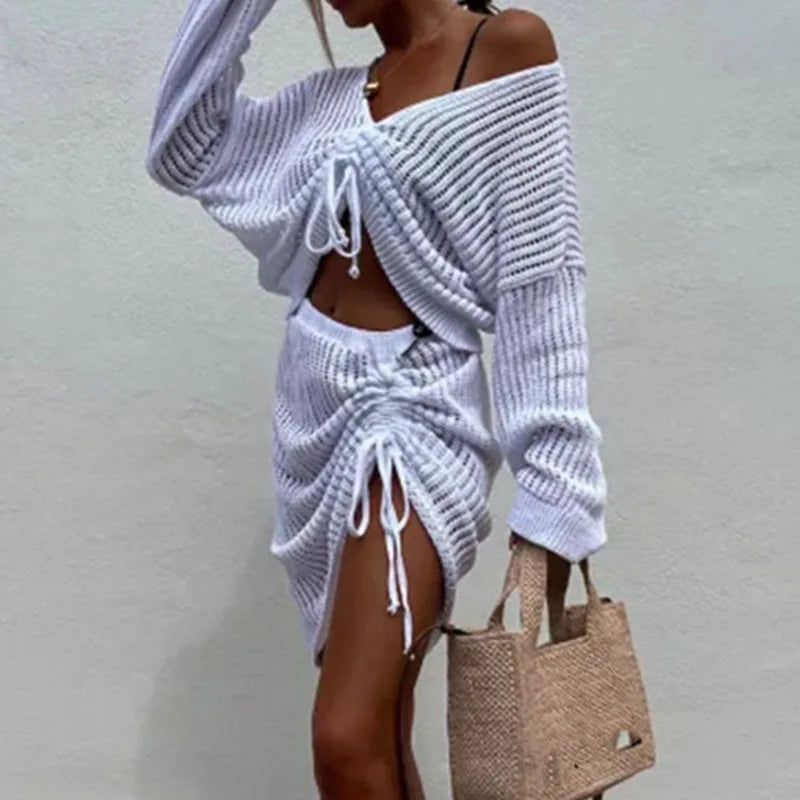 LIZAKOSHT  -  Sexy Drawstring Beach Knit Outfits 2024 Women Solid Navel Long Sleeve Pullover&Mini Skirt Set Asymmetric Two Piece Dresses Suit