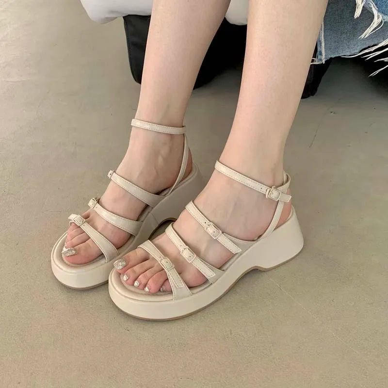 LIZAKOSHT Platform Sandals Women Wedge Heel White Belt Buckle Summer Shoes Leisure Black High Heels Platforms Rome Shoes Sandalia De Mujer