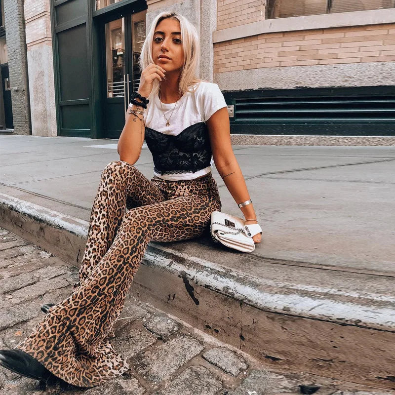 LIZAKOSHT  -  Autumn New Women's Elastic Waist Leopard Print flared trousers Fashion High Street Trendy Casual Slimming Pants