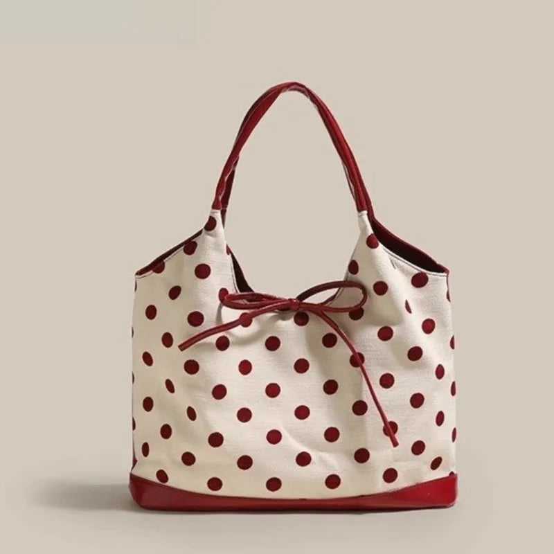 LIZAKOSHT  -  Retro Dot Red Handbag Women Versatile Bow Large Capacity Casual Shoulder Bags Ladies Sweet Cute Underarm Bag Aesthetic