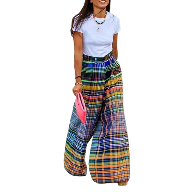 LIZAKOSHT  -  New Stylish Checkerboard Printed Wide Leg Pants New Summer High Waist Zipper Casual Office Trousers For Women