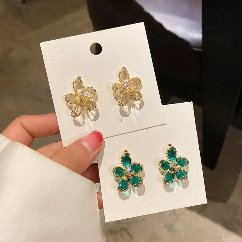 LIZAKOSHT Purple Green Clear Crystal Flower Earrings 2023 Gold Color Metal Flowers Petal Big Drop Dangle Earrings for Women Gifts