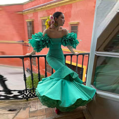 LIZAKOSHT  -  Green Off The Shoulder Mermaid Evening Gowns Saudi Arabia Short Sleeve Tiered Trumpet Prom Dresses Dubai Formal Party Dress