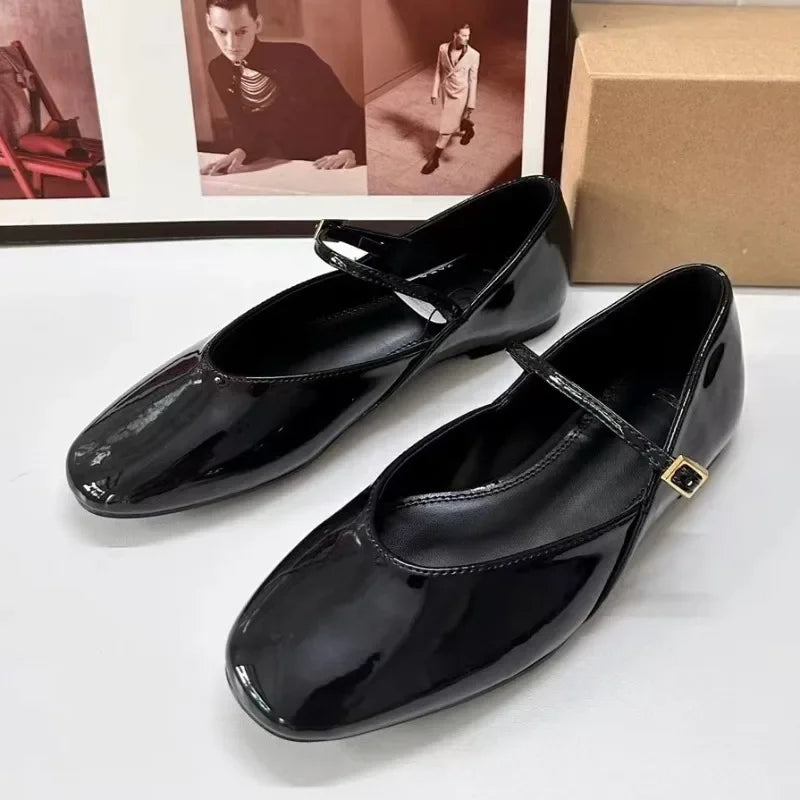 LIZAKOSHT  -  Patent Leather Women Mary Janes Shoes Buckle Strap Luxury Designer Autumn Lolita Footwear Soft Shallow Lady Ballet Flats