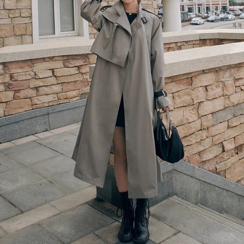 Lizakosht Spring Autumn Women Windbreaker British High-End Solid Long Sleeve Female Fashion Loose Casual Over Knee Long Trench Coat