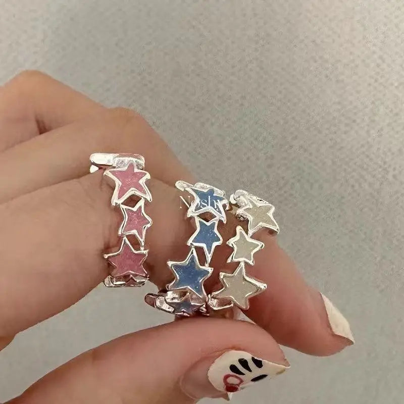 Lizakosht Korean Fashion Y2K Blue Pink Enamel Star Rings for Women Girls Cool Sweet Irregular Star Open Ring Party Gifts Jewelry