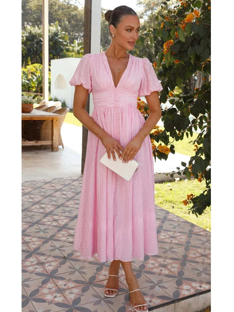 LIZAKOSHT  V-neck Yellow Puff Sleeve Split Solid Summer Women Dress 2024 A-line Maxi Long Sundress Vestido Button Beach Dress Party