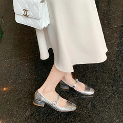 Lizakosht Fashionable small square toe thick heels, Mary Jane shoes, silver diamond buckle, color matching, light cut single shoe, female