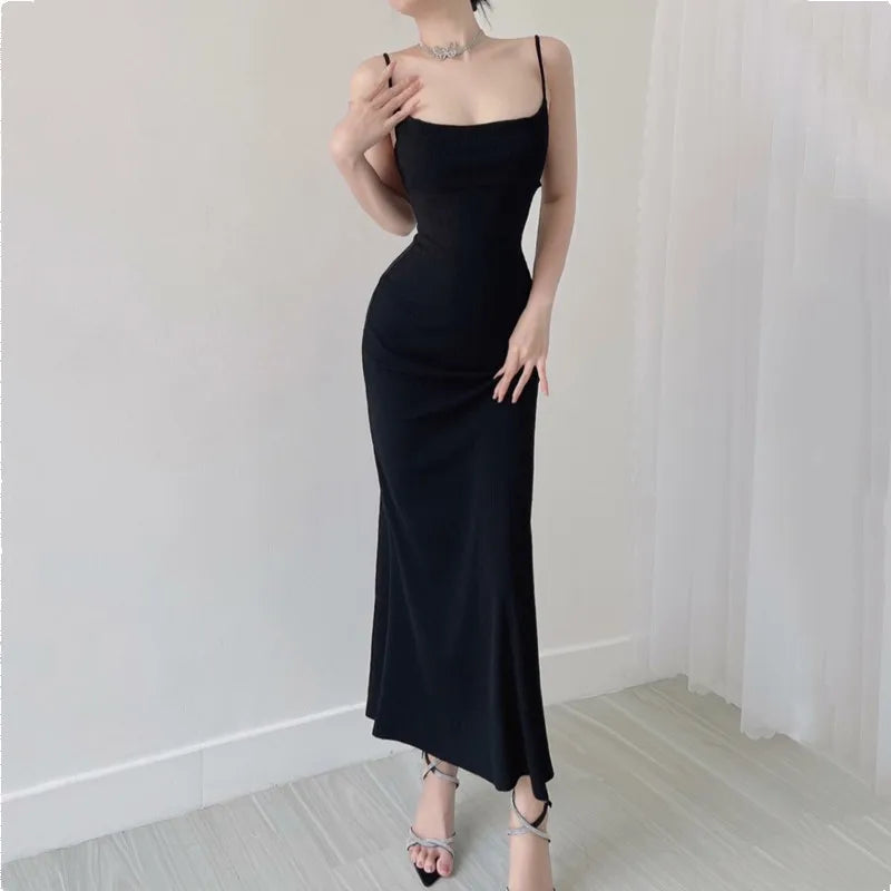 LIZAKOSHT  -  Women Sexy Slash Collar Tide Bow Back Backless Rib Sling Dress A-lined Swing Midi Long Night Out Party Robe  Summer